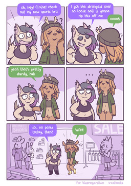 anthro antlers blush bottomless bottomwear bra breasts cleavage clothed clothing dialogue duo ear_piercing eyes_closed fangs female footwear freckles hair hat headgear headwear horn long_hair navel pants piercing pubes public public_nudity slightly_chubby socks speech_bubble sports_bra store teeth text underwear wings cat-boots elaine_(blueregardtwo) tasha_(blueregardtwo) bat deer mammal comic english_text hi_res