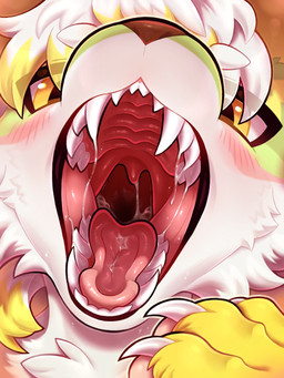 ambiguous_anthro ambiguous_gender anthro blonde_highlights bodily_fluids brown_nose cheek_tuft facial_tuft fur green_body green_fur hair highlights_(coloring) kemono looking_at_viewer mouth_shot open_mouth red_insides saliva sharp_teeth solo teeth tongue tuft uvula white_body white_fur white_hair yellow_eyes tianhua mammal 2026 3:4 headshot_portrait hi_res portrait
