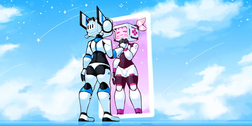 cosmic_background duo female hand_holding machine male rear_view screen screen_face smile star starry_background baronflint avalon_(baronflint) camelot_(baronflint) humanoid robot robot_humanoid hi_res