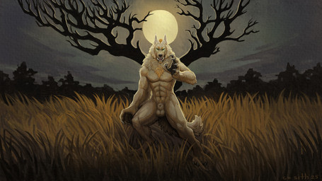 abs animal_genitalia anthro balls biped claws detailed_background fangs field fluffy forest forest_background fully_sheathed fur genitals grin holidays male male_anthro moon muscular muscular_anthro muscular_male nature nature_background night pecs plant pubes sheath sky smile smirk solo teeth tree cu_sith_(artist) halloween mythology amras_(amras) canid canine canis coyote mammal mythological_canine mythological_creature werecanid werecanine werecreature werewolf wolf 16:9 hi_res widescreen