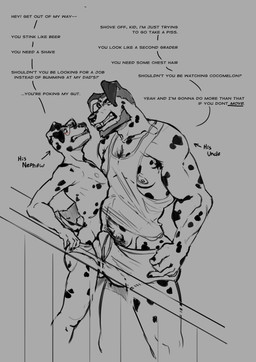 age_difference anthro armpit_hair aroused aroused_by_another aroused_male barazoku beard belly belly_hair biceps big_belly big_bulge big_muscles big_pecs black_body black_fur blush body_hair briefs briefs_only bulge bulge_frottage chest_hair clenched_teeth clothed clothing detailed_bulge dialogue duo erection erection_under_clothing erection_under_underwear eyewear facial_hair fangs frottage frottage_through_clothing fur genital_outline genitals glasses grinding intimidation larger_anthro larger_male male male/male manly markings mature_anthro mature_male menacing_aura menancing musclegut muscular muscular_anthro muscular_arms muscular_male muscular_thighs nipples older_anthro older_male pantsless pantsless_anthro pantsless_male pecs penile penis penis_outline penis_size_difference penises_touching profanity railing sex shirt sideburns size_difference smaller_anthro smaller_male spots spotted_body spotted_fur spotted_markings stairs standing tank_top taunting teeth tenting text thick_arms thick_thighs threatening topless topless_anthro topless_male topwear tough_guy trash_talking underwear underwear_only wearing_glasses white_body white_fur younger_anthro younger_male littleoliviern dan_(zimdel) oliviern_(character) canid canine canis dalmatian domestic_dog mammal absurd_res black_and_white english_text hi_res monochrome incest_(lore) nephew_(lore) uncle_(lore) uncle_and_nephew_(lore)