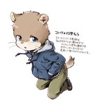 anthro bent_legs blue_clothing blue_hoodie blue_topwear clothing hand_in_pocket hoodie looking_at_viewer male pockets serious simple_background solo tail text topwear white_background young young_anthro young_male pikanodannna mammal rodent 2023 japanese_description japanese_text translation_request