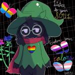 alternate_rainbow_pride_colors ambiguous_gender anthro black_body black_fur blush bottomless chibi clothed clothing cursive eyewear fangs floppy_ears flower fluffy fur genderfluid_pride_colors glasses hat headgear headwear heart_clothing heart_font heart_print heart_symbol horn inside lgbt_pride looking_at_viewer pansexual_pride_colors plant pride_color_clothing pride_colors pride_heart print_clothing rainbow_heart rainbow_pride_clothing rainbow_pride_colors rainbow_symbol robe scarf solo standing teeth text toony transgender_pride_colors tuft witch_hat trippybunny deltarune undertale_(series) ralsei arthropod bovid butterfly caprine goat insect lepidopteran mammal 1:1 2019 absurd_res digital_media_(artwork) english_text hi_res portrait