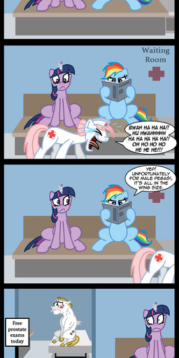 bandage bench blonde_hair blue_body blue_feathers blue_fur blush bodily_fluids cross cutie_mark dialogue feathered_wings feathers female feral fur hair horn humor joke laugh male medical mohawk multicolored_hair muscular nurse patient purple_body purple_fur purple_hair quadruped rainbow_hair red_cross tail tears text two_tone_hair wings niban-destikim friendship_is_magic hasbro my_little_pony mythology bulk_biceps_(mlp) nurse_redheart_(mlp) rainbow_dash_(mlp) twilight_sparkle_(mlp) earth_pony equid equine horse mammal mythological_creature mythological_equine pegasus pony unicorn comic english_text hi_res url