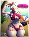 anthro beach beak bikini blue_eyes clothing female machine pink_bikini pink_bow pink_clothing pink_swimwear solo swimwear two-piece_swimsuit white_body beanontoast five_nights_at_freddy's five_nights_at_freddy's:_security_breach scottgames steel_wool_studios glamrock_chica animatronic avian bird chicken galliform gallus_(genus) phasianid robot hi_res