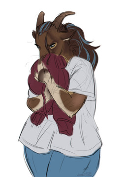 anthro blue_bottomwear blue_clothing blue_eyes blue_hair blue_pants bottomwear brown_body brown_fur brown_hair brown_horn clothed clothing ears_back female female_anthro fur hair holding_clothing holding_object hoodie horizontal_pupils horn multicolored_hair neck_tuft pants pivoted_ears ponytail pupils red_clothing red_hoodie red_topwear shirt simple_background solo standing t-shirt tan_body tan_fur topwear tuft two_tone_hair white_background white_body white_clothing white_fur white_shirt white_t-shirt white_topwear lostgoose harper_(lostgoose) bovid caprine goat mammal 2023 colored_sketch dated hi_res portrait signature sketch three-quarter_portrait