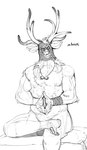 2022 anthro antlers biped custapple deer digital_media_(artwork) fur genitals greyscale hi_res horn humanoid_genitalia humanoid_penis jewelry looking_at_viewer male mammal monochrome muscular muscular_anthro muscular_male necklace penis plantigrade scar simple_background sitting sketch smile solo teeth white_background