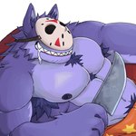 anthro armpit_hair biped bodily_fluids body_hair bottomwear clothed clothing drooling fur furniture hair hockey_mask knife male mask navel nipples pubes purple_body purple_fur purple_hair saliva sharp_teeth shorts sitting smile sofa solo sports_mask sportswear stubble teeth toothy_grin topless tuft wildestwoof popee_the_performer kedamono_(popee_the_performer) canid canine canis mammal wolf 2025 absurd_res hi_res
