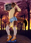 anthro boombox bottomwear brown_body brown_fur clothed clothing dark_hair denim denim_bottomwear denim_clothing denim_shorts eyewear eyewear_on_head femboy fur hotpants lean_body legwear looking_at_viewer male multicolored_body palm_tree plant quad_skates raising_leg roller_skates shorts smile smiling_at_viewer smirk smirking_at_viewer solo sunglasses sunglasses_on_head tan_body tan_fur thigh_highs topless topless_male tree two_tone_body kirkesan mammal mustelid musteline stoat true_musteline weasel absurd_res hi_res