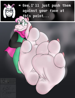 3_toes anthro barefoot black_clothing black_topwear bodily_fluids claws clothing dialogue dialogue_box eyewear feet first_person_view foot_focus glasses green_clothing green_eyewear green_glasses green_topwear horn humanoid_feet looking_at_viewer male one_eye_closed pink_claws pink_eyes pink_horn pink_scarf plantigrade scarf sitting soles solo steam steamy_feet sweat sweaty_feet text toes topwear wearing_glasses wink wrinkled_feet wrinkles coyocislav skonczonyidiota deltarune undertale_(series) ralsei bovid caprine darkner goat mammal english_text hi_res