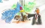 anthro black_nose blue_body blue_eyes blue_feathers brown_body brown_fur clothing cosplay duo feathers feral feralized forest fur green_eyes gryffindor hogwarts_uniform male necktie outside parody plant school_uniform tree uniform white_body white_fur lilith_(artist) harry_potter_(series) nintendo star_fox falco_lombardi fox_mccloud avian bird canid canine fox mammal crossover