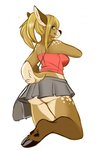 anthro blonde_hair bottomwear breasts brown_body brown_fur butt butt_pose cheek_tuft clothed clothing cloven_hooves countershade_tail countershading dewclaw_hooves facial_tuft feet female foot_focus fur green_eyes hair hoof_focus hooves inner_ear_fluff looking_back low-angle_view markings midriff panties pose rear_view scut_tail short_tail shoulder_bag simple_background skirt smile solo spots spotted_body spotted_fur tail topwear tube_top tuft underhoof underwear upskirt white_background mocha-wing samantha_(helios) cervine deer mammal 2018 hi_res