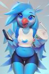 2019 2:3 anthro avian beak beverage biped bird blue_body blue_feathers blush bottomwear breasts cellphone clothing container cup electronics feathers female holding_beverage holding_cellphone holding_container holding_cup holding_object holding_phone holding_smartphone looking_at_viewer meme midriff miles_df mountain_dew navel non-mammal_breasts open_mouth orange_beak phone shirt shorts simple_background sitting smartphone smile soda solo t-shirt topwear tweetfur twitter twitter_logo winged_arms wings