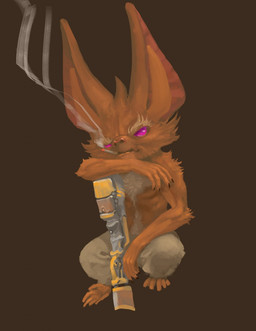 anthro bat_ears bottomwear chest_tuft cigarette cigarette_in_mouth cigarette_smoke clothed clothing fur gun male object_in_mouth pants purple_eyes ranged_weapon simple_background smoke smoking solo tan_body tan_fur tuft weapon neungsonie battery_(neungsonie) bat desert_long-eared_bat mammal wingless_bat digital_media_(artwork) hi_res