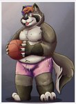 3_toes 5_fingers anthro ball basketball_(ball) belly bottomwear clothing cute_fangs fangs feet fingers male moobs nipples overweight overweight_male shorts simple_background solo teeth toes tongue tongue_out 06junior11 canid canine canis hybrid mammal procyonid raccoon wolf 2023 hi_res