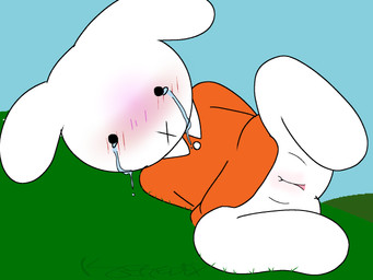 anthro blush blush_lines bodily_fluids clothed clothing crying disgusted_expression female fur genitals loli nude simple_background solo spread_legs spreading tears topwear vulva white_body white_fur young young_anthro young_female koredex miffy lagomorph leporid mammal rabbit 4:3 digital_media_(artwork) hi_res