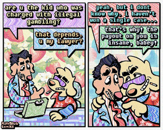 2_panel_comic accessory aloha_shirt anthro black_hair briefcase brown_body brown_ears cigarette cigarette_in_mouth clothed clothing dialogue duo eyewear facial_hair floppy_ears fur gesture hair half-closed_eyes hand_gesture happy humor male mustache narrowed_eyes necktie object_in_mouth pattern_clothing pattern_shirt pattern_topwear pointing pointing_at_another red_clothing red_necktie red_topwear shirt smile smirk smoking_tobacco smug smug_face smug_grin speech_bubble sunglasses teeth text topwear yellow_body yellow_ears rawdawgcomics stahli_(rawdawgcomics) bird_dog canid canine canis domestic_dog golden_retriever hunting_dog mammal retriever 5:4 comic english_text hi_res