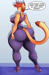 anthro big_butt breasts butt butt_pose clothed clothing dialogue female green_eyes hair hand_on_butt orange_hair pink_nose pose solo text thick_thighs whiskers jaeh loree domestic_cat felid feline felis mammal 2022 absurd_res english_text hi_res