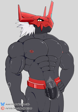 abs anthro armor biceps black_body black_skin bulge clothing genitals headgear helmet horn horned_helmet male mostly_nude muscular muscular_anthro muscular_male nipples pecs penis simple_background solo standing thong underwear vein veiny_muscles veiny_penis visible_penis makidotsukashi bandai_namco digimon blitzgreymon digimon_(species) humanoid lizard reptile scalie wargreymon hi_res
