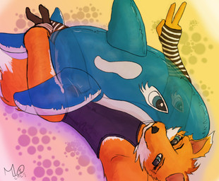 abstract_background anthro arm_warmers armwear blue_eyes bulge clothed clothing fur gesture hand_gesture inflatable inflatable_orca inflatable_pool_toy inflatable_toy leg_wrap legwear looking_at_viewer lying male multicolored_body multicolored_fur on_back one-piece_swimsuit orange_body orange_fur pattern_clothing pool_float pool_toy simple_background smile solo striped_clothing stripes swimwear tail thigh_highs toy_humping translucent two_tone_body two_tone_fur v_sign maxwell_longtail canid canine canis fox mammal digital_media_(artwork) hi_res