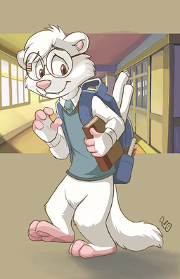 adolescent anthro biped book bottomless closed_smile clothed clothed_anthro clothed_male clothing fangs featureless_crotch fur glistening glistening_eyes hair holding_book holding_object inside leg_markings logo looking_at_viewer male male_anthro markings mouth_closed pawpads pink_inner_ear pink_nose pink_pawpads pose red_eyes school school_bag school_uniform short_hair smile socks_(marking) solo standing tail teeth three-quarter_view uniform white_body white_fur white_hair white_tail young young_anthro young_male pandapaco domestic_ferret mammal mustelid musteline true_musteline weasel artist_logo cel_shading digital_drawing_(artwork) digital_media_(artwork) full-length_portrait hi_res portrait shaded signature