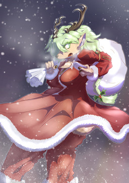 anthro brown_body brown_fur christmas_clothing christmas_headwear christmas_topwear clothed clothing female fur green_eyes green_hair hair headgear headwear holidays horn multicolored_body multicolored_fur snow solo tail topwear mttbsmn christmas asty_(mttbsmn) deer mammal new_world_deer reindeer absurd_res hi_res