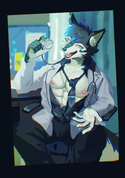abs accessory anthro black_body black_fur black_necktie blue_body blue_fur chair clothing coat fangs fur furniture grey_body grey_fur holding_stethoscope inside lab_coat looking_at_viewer male medical_instrument muscular necktie nipples open_lab_coat open_mouth pecs pink_nipples scientific_instrument shirtless sitting smile solo stethoscope teeth topwear white_body white_fur yellow_eyes guni_shi3 archermagnum canid canine canis mammal wolf absurd_res hi_res