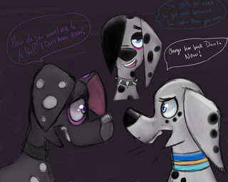 alternative_fashion black_body black_fur black_nose black_spots blue_collar blue_eyes collar dialogue female feral floppy_ears fur goth grey_nose group male markings one_eye_obstructed orange_collar purple_eyes purple_spots spiked_collar spikes spots spotted_body spotted_fur toony trio white_body white_fur white_spots kinglazereth 101_dalmatian_street 101_dalmatians disney danny_(101_dalmatian_street) dante_(101_dalmatians) dolly_(101_dalmatians) dylan_(101_dalmatians) canid canine canis dalmatian domestic_dog mammal hi_res