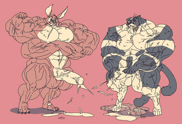 1_eye 4_arms anthro balls biceps big_muscles bodily_fluids covering covering_crotch covering_erection covering_penis crossed_arms cum cum_drip cum_on_ground deltoids dripping duo erection eye_patch eyewear flexing flexing_bicep genital_fluids genitals huge_muscles hyper hyper_genitalia hyper_muscles male male/male multi_arm multi_limb muscular muscular_male nude penis precum scar simple_coloring trapezius vein veiny_muscles veiny_penis stagor55 arc_system_works blazblue disney lilo_and_stitch jubei_(blazblue) alien domestic_cat experiment_(lilo_and_stitch) felid feline felis mammal
