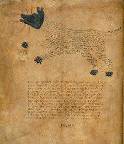 3_fingers 3_toes ambiguous_feral ambiguous_gender canis_major_(constellation) claws constellation digitigrade fangs feet feral finger_claws fingers open_mouth quadruped side_view simple_background solo tail teeth text toe_claws toes tongue tongue_out unknown_artist public_domain canid canine canis domestic_dog mammal 9th_century ancient_art hi_res latin_text traditional_media_(artwork) translation_request