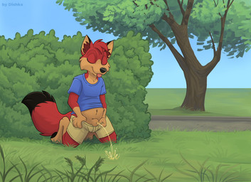 animal_genitalia anthro barefoot black_pawpads bodily_fluids clothing eyes_closed feet fully_sheathed genital_fluids genitals kneeling male pawpads paws peeing peeing_on_ground peeing_outside plant sheath shirt shrub solo toes tongue tongue_out topwear tree urine urine_on_ground urine_stream watersports dishka vesper_(mojavemezo)
