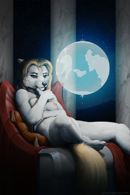 5_toes anthro areola barely_visible_pawpads black_claws black_nose blonde_hair blue_eyes breasts casual_nudity chair claws feet female female_anthro fingers forehead_gem fur furniture gem globe hair hologram humanoid_feet humanoid_hands jewelry light looking_at_object medium_breasts mouth_closed narrowed_eyes nipples nude nude_anthro nude_female on_chair pawpads pillow pink_areola pink_nipples pink_pawpads plantigrade pupils reclining science_fiction sitting sitting_on_chair sky star starry_sky tail tasteful_nudity thinking thoughtful_expression three-quarter_view toe_claws toes whiskers white_body white_fur white_sclera yellow_tail ipoke astia canid canine mammal detailed english_description hi_res lighting portrait