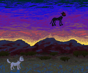 ambiguous_gender black_body black_fur blue_sky duo feral floating fur grass grey_body grey_fur mountain outside plant sky sunset surrealism demensa mammal 2024 6:5 digital_media_(artwork) pixel_(artwork)