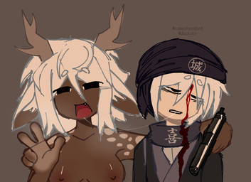 after_kiss antlers areola black_eyes blood bodily_fluids breasts brown_antlers brown_body brown_inner_ear brown_skin canon_x_oc circle_eyebrows clothed clothed/nude clothing collarbone corpse countershade_hands countershading death dominant dominant_female duo eyebrows fangs female gesture gore gun gunshot_wound hair hand_gesture heart_eyes heart_symbol holding_gun holding_object holding_ranged_weapon holding_weapon horn inner_ear_fluff looking_at_viewer male male/female male_death markings necrophilia nipples nude ranged_weapon saliva saliva_string spots spotted_body spotted_markings spotted_skin submissive submissive_male tears teeth tongue tuft v_sign weapon white_hair white_inner_ear_fluff yumeship cameohasdied samurai_duelers_league dakota_(kuraima00) kuraima_(unknown_person) animal_humanoid deer deer_humanoid human humanoid mammal mammal_humanoid hi_res