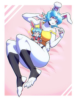 5_fingers anthro big_breasts blue_hair border breasts chest_tuft clothing eyebrow_through_hair eyebrows eyelashes female fingers fur hair long_ears looking_at_viewer lying nails on_back pawpads pink_eyes plushie sharp_nails shirt short_hair solo spats tank_top text thick_thighs thong topwear translucent translucent_hair tuft underwear white_body white_border white_fur sozokuu beatrice_(sozokuu) lagomorph leporid mammal rabbit 2025 absurd_res artist_name hi_res