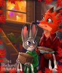 anthro autumn bag black_nose clothed clothing dessert duo female food fur grey_body grey_fur holding_object holidays looking_back looking_up male outside pastry pie pink_nose red_body red_fur smile window penmark disney thanksgiving zootopia judy_hopps nick_wilde canid canine fox lagomorph leporid mammal rabbit red_fox true_fox 2016 hi_res