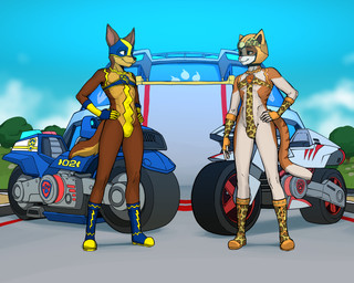 animal_print anthro armor blue_outfit brown_body brown_eyes brown_fur clothed clothing collar duo forest fur green_eyes hands_on_hips headgear helmet leopard_print male motorcycle orange_body orange_fur outside plant skimpy superhero_costume tree vehicle yellow_outfit diacordst paw_patrol chase_(paw_patrol) wild_(paw_patrol) canid canine canis domestic_cat domestic_dog felid feline felis german_shepherd herding_dog mammal pastoral_dog tabby_cat 5:4 hi_res