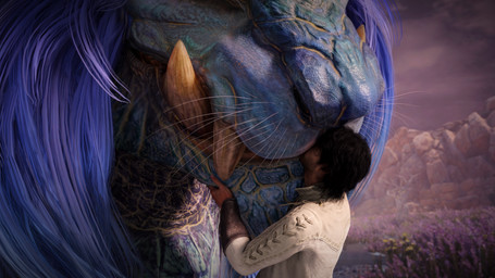 bestiality black_hair blue_body blue_hair blue_scales clothed clothing cloud cloudy_sky detailed_background duo fangs female feral flower hair hand_on_chin human_on_feral interspecies kiss_on_lips kissing larger_female larger_feral male male/female outside plant rock scales size_difference sky smaller_human smaller_male teeth whiskers ivorylagiacrus capcom monster_hunter elder_dragon human lunastra mammal scalie 16:9 2026 3d_(artwork) 4k absurd_res blender_(artwork) blender_cycles_(artwork) digital_media_(artwork) hi_res widescreen