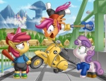 clothing detailed_background feathered_wings feathers female feral green_eyes group hair horn motor_scooter motorcycle multicolored_hair orange_body orange_feathers parody purple_hair quadruped red_hair tail two_tone_hair vehicle wings young young_feral berrypawnch fooly_cooly friendship_is_magic hasbro my_little_pony mythology rickenbacker_(company) apple_bloom_(mlp) cutie_mark_crusaders_(mlp) haruhara_haruko mamimi_samejima naota_nandaba scootaloo_(mlp) sweetie_belle_(mlp) bat earth_pony equid equine horse mammal mythological_creature mythological_equine pegasus pony unicorn 2012 hi_res