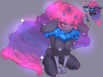 anthro big_breasts breasts clothing ears_down female glistening glistening_body gloves hair handwear horn kneeling long_hair palmorph pivoted_ears red_eyes solo hurmachan palworld pocketpair daedream pal_(species) absurd_res hi_res