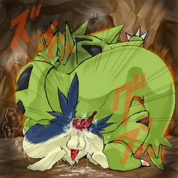 all_fours anal anal_penetration anus back_turned balls cave claws cum cum_in_ass cum_inside cum_on_balls d_lion duo feral feral_on_feral from_behind gay genital_slit interspecies japanese_text male nintendo on_top penetration penis pokémon sex size_difference tapering_penis text typhlosion tyranitar video_games
Rating: Explicit
Score: 6
User: Genjar
Date: April 07, 2014