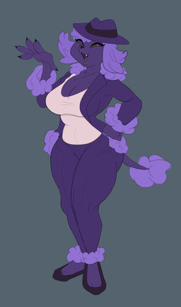 anthro big_breasts blazer bottomwear breasts claws clothed clothing female footwear hand_on_hip looking_away pants pose purple_body raised_hand shirt shoes simple_background small_nose smile solo standing tail tank_top tight_bottomwear tight_clothing tight_pants topwear wide_hips villegreen canid canine canis domestic_dog mammal poodle absurd_res hi_res