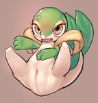 animal_genitalia blush bodily_fluids cloaca eyelashes female feral generation_5_pokemon genitals gomogomo gradient_background hi_res nintendo open_mouth pokemon pokemon_(species) semi-anthro simple_background sitting snivy solo spread_legs spreading sweat vertical_cloaca