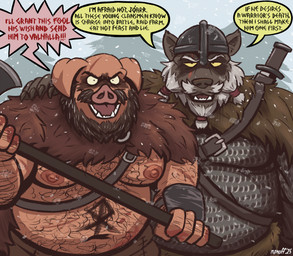 alternate_universe anthro axe beard belly blood blood_on_hand bodily_fluids body_hair braided_beard cape chainmail clothing dialogue duo face-paint facial_hair facial_scar front_view fur fur_cape fur_clothing grey_body grey_fur holding_axe holding_object holding_weapon male melee_weapon musclegut muscular muscular_anthro muscular_male mustache nipples open_mouth outside pink_body plant rune scar shirtless snow speech_bubble sword teeth tree viking viking_helmet weapon nanoff eat_hot_chip_and_lie_(meme) boomer_(nanoff) joe_(nanoff) canid canine canis domestic_pig mammal suid suine sus_(pig) wolf 2025 hi_res