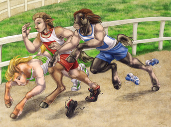 bottomwear bulge clothing fence footwear grass group hooves human_to_feral humanoid_pointy_ears legwear loss_of_dexterity male plant pointy_ears race racetrack shirt shoes shorts snout socks species_transformation topwear transformation sabretoothed_ermine equid equine horse humanoid mammal 2013