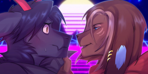 abstract_background anthro black_hair blue_eyes blush bodily_fluids brown_body brown_eyes brown_fur brown_hair clothed clothing duo ear_piercing ear_ring eye_contact fur grey_body grey_clothing grey_fur grey_topwear hair horn looking_at_another male male_anthro narrowed_eyes open_mouth piercing red_clothing red_horn red_topwear ring_piercing side_view sweat sweatdrop topwear cobu frusha cobby_(cobe_xiu-xiu) 2:1