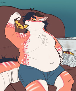 anthro belly big_belly biped black_hair blue_clothing blue_underwear box chest_tuft claws clothed clothing container detailed_background eating featureless_chest food furniture hair hand_on_belly horn love_handles male markings multicolored_body navel orange_body overweight overweight_anthro overweight_male pizza pizza_box sitting sofa solo tail thick_tail tuft underwear underwear_only unnatural_colors yellow_sclera chridder mythology cloud_(noodlecoils) dragon mythological_creature mythological_scalie scalie 2024 absurd_res hi_res