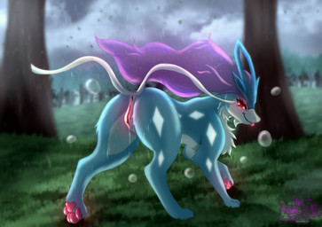 anus bedroom_eyes blep blue_body blue_fur bodily_fluids butt digitigrade female female_feral feral fur genital_fluids genitals grass hair humanoid_genitalia humanoid_genitalia_on_feral humanoid_vulva humanoid_vulva_on_feral looking_at_viewer looking_back markings narrowed_eyes pawpads paws pink_pawpads plant presenting presenting_hindquarters purple_hair quadruped raining rear_view red_eyes seductive smile solo tongue tongue_out tree vaginal_fluids vulva wet white_markings astralia nintendo pokemon canid canine generation_2_pokemon legendary_pokemon mammal pokemon_(species) suicune hi_res shaded watermark