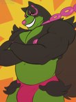 anthro biped black_body black_fur bulge clothing crossed_arms fur green_body green_fur grin grinning_at_viewer looking_at_viewer male muscular muscular_anthro muscular_male navel nipples one_eye_closed pecs pink_clothing pink_nipples pink_nose pink_thong pink_underwear smile smiling_at_viewer solo thong underwear wink winking_at_viewer yellow_sclera rustymiko nintendo pokemon canid generation_9_pokemon legendary_pokemon mammal okidogi pokemon_(species) 2023 digital_media_(artwork) hi_res