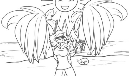 anthro beach clothed clothing eyewear female outside palm_tree plant sand seaside solo sun sunglasses text tree feretta tumblr ruzha canid canine fox mammal red_fox silver_fox true_fox digital_media_(artwork) english_text low_res monochrome